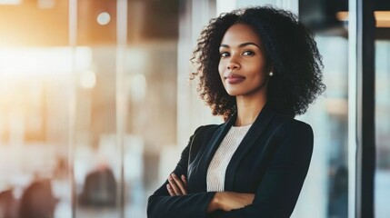 Confident black businesswoman exudes professionalism and leadership in a corporate setting.