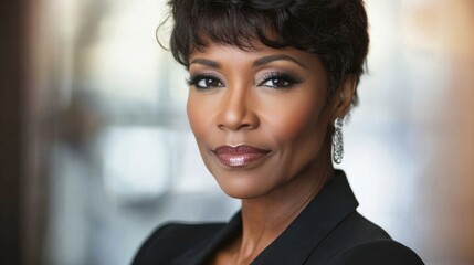 Naklejka premium Confident black businesswoman exudes professionalism and leadership in a corporate setting.