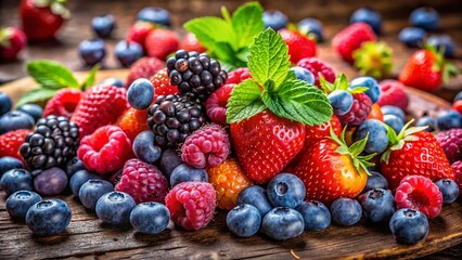 Fresh Wild Berries:  Aromatic Summer Fruits, Close-up Studio Shot