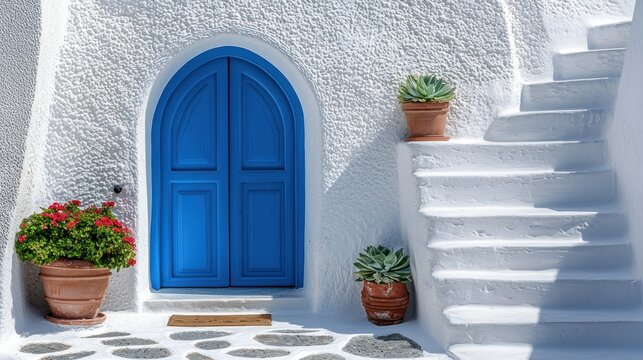 Blue door, white walls, steps, and plants in Greece. Travel advertising