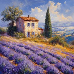 Serene Lavender Field with Rustic House Under Bright Sky in a Picturesque Botanical Landscape
