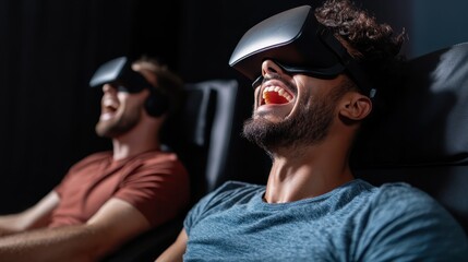 A lively group of gamers fully engaged in an exhilarating virtual reality adventure, showcasing expressions of joy and enthusiasm in a captivating digital environment.