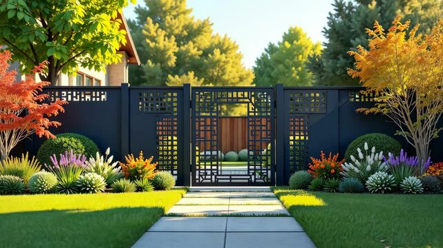 A black gate with a white trim and a white trim on the gate. The gate is open, revealing a lush green lawn and a pathway leading to a house. The gate is surrounded by a variety of colorful flowers