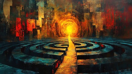 Obraz premium A labyrinth painted with symbols of success and failure, with the exit glowing in golden hues, artistic and abstract 