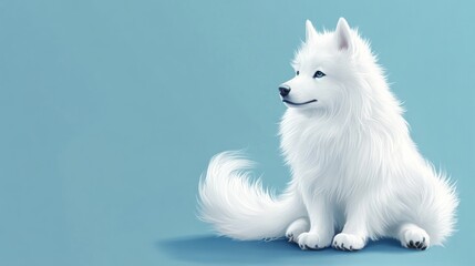 Fluffy Samoyed Dog Sitting with Paws Crossed Against Blue Background