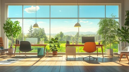 A professional office setup with a view of green landscapes, ergonomic furniture, and a bright, open layout.