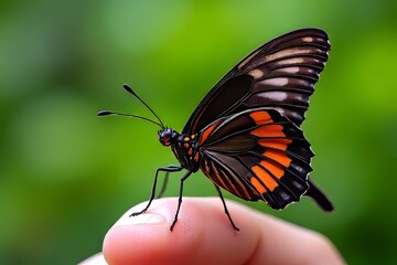 Obraz premium Close-up of a Butterfly with Orange and Black Wings on a Finger