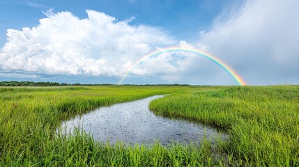 Naklejka premium Rainbow over grassy field and stream. Post-rain landscape. Nature photography