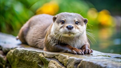 Funny Asian Small-clawed Otter Washing on Rock - Wildlife Stock Photo