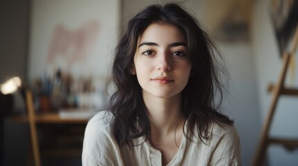 	Young woman in a cozy studio, soft light on her face, surrounded by blurred art supplies, embodying creativity and focus.