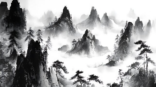 Misty Mountain Landscape Ink Wash Painting