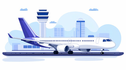 Airplane taxiing on the runway at the airport with a control tower and city skyline, ready for takeoff