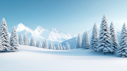Fototapeta premium Serene Winter Landscape with Snow-Covered Pine Trees and Majestic Mountains in Bright Blue Sky
