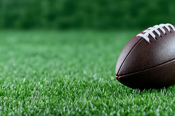Obraz premium American football on green grass, sporting equipment close-up. Perfect for sports content