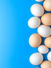 Assorted eggs on a blue background, flat lay, food ingredient, cooking product