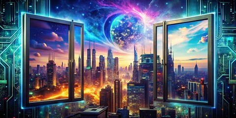 Futuristic Cityscape Double Exposure: Three Abstract Frames - Stock Photo