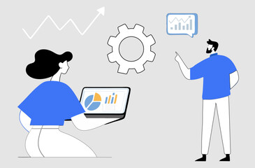 A woman viewing data charts on a laptop, a large gear, anman pointing in discussion. Good for business, teamwork, data analysis, technology use, productivity workflow project management. Abstract line