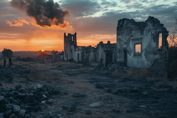Fototapeta premium ruined houses in a burned and destroyed village, the aftermath of war, attack or fire