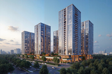 Contemporary High-Rise Residential Buildings with Sleek Architecture Against Urban Cityscape at Dusk with Tree-Lined Streets and Pedestrian Walkways