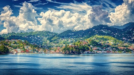 Obraz premium Caribbean coastal town, scenic view of hills and clouds