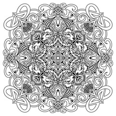 Wolves symmetrical pattern. Hand drawn decorative element. Black mandala for coloring book, tattoo, henna, t-shirt design pattern.