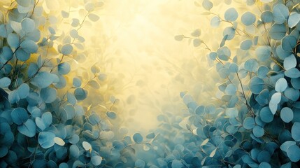 Sunlit eucalyptus grove, misty path, nature background