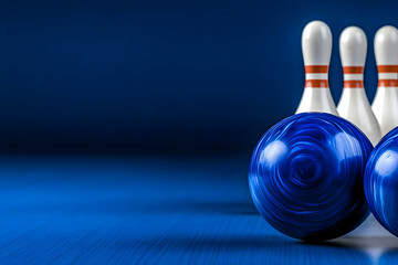 Bowling balls and pins on a blue alley, sport equipment, ready for play