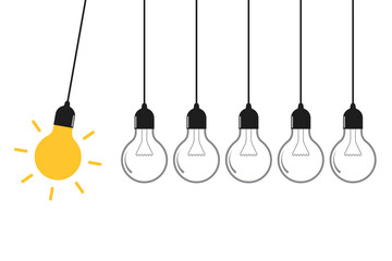 Newton's cradle concept with hanging light bulbs on yellow background