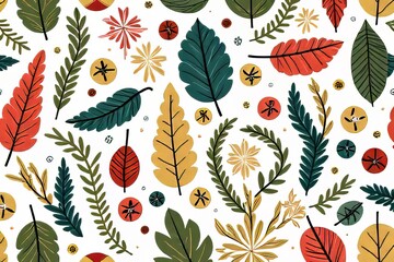 Colorful Botanical Pattern with Leaves and Flowers