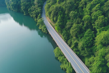 Scenic road winding through lush greenery beside tranquil water body