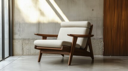 Modern armchair with wooden frame and light fabric upholstery