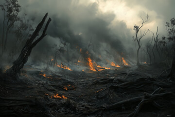 Fototapeta premium blazing forest, wildfire, black smoke clouds, environmental disaster wallpaper