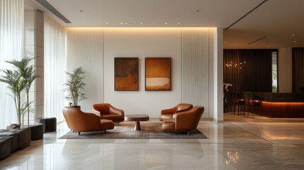 Modern lobby features leather chairs paintings and a reception desk
