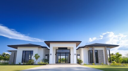 Luxury house entrance under a clear blue sky, showcasing elegance and tranquility in a serene outdoor setting.
