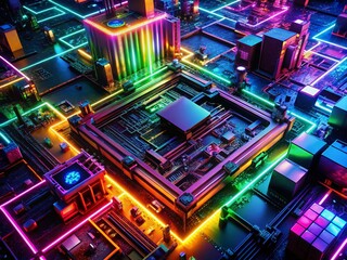 Futuristic Glowing Neon Circuit Board Aerial View 4K Stock Photo