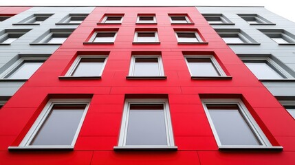 Building exterior with red and grey facade against sky for real estate concepts