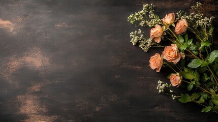 This elegant arrangement of pink roses, beautifully styled on a rustic table, conveys warmth and charm, perfect for special occasions or a lovely home decor accent.