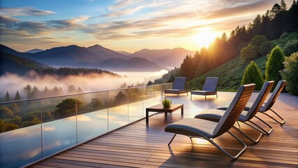 Naklejka premium Futuristic Lounge Chairs Misty Mountain Landscape Relaxation Tranquility Nature Stock Photo