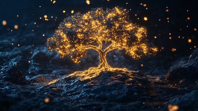 9D Glowing Tree Hologram Hyperrealistic Illustration