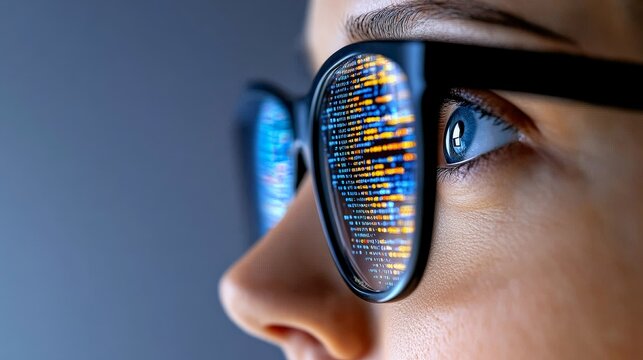 Close-Up of Eye with Code Reflection in Glasses on Gray Background