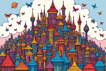 Colorful Fantasy Cityscape with Towers and Roofs