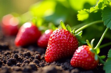 Strawberries grow, close-up, juicy and ripe on a garden bed in the rays of the sun 