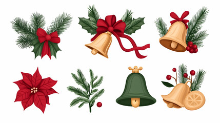 Christmas decorations bells, flowers, bows and pine branches for Xmas projects