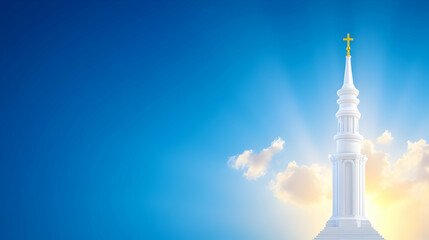Church spire with a cross against blue sky and bright light for stock images