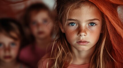 A close-up portrait of a young girl with captivating blue eyes and freckles, surrounded by a soft-focus background emphasizing her intense gaze and emotional depth.