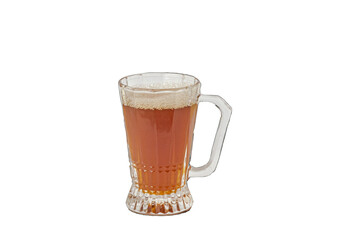 Side view of a clear glass tea cup with a handle, filled with red tea and a layer of foam on top. Close-up macrophotograph, isolated on a transparent background with blank white and empty copy space.
