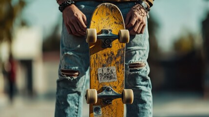 Close-up shot of a skateboarder wearing ripped jeans and old sneakers, holding a scratched skateboard in an urban skatepark setting.