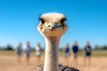 Close-up of ostrich facing camera, group of people stand blurred in the background