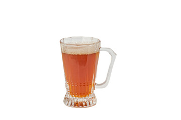 Side view of a clear glass tea cup with a handle, filled with red tea and a layer of foam on top. Close-up macrophotograph, isolated on a transparent background with blank white and empty copy space.