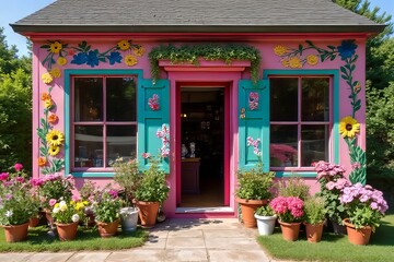 Colorful Floral Decorated Pink Cottage Exterior with Plants and Windows